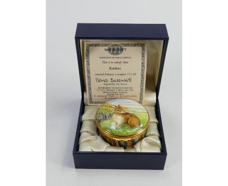 Moorcroft enamel Circular box RABBITS: Mid size, 15/50, hand painted and signed by artist Fiona Bakewell, 6cm wide, tiny sliv