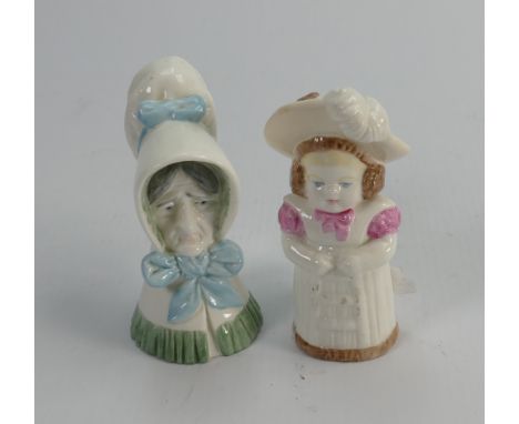 Royal Worcester candle snuffer as a girl in a feathered hat: Height 8.5cm., together with Royal Worcester candle snuffer as a