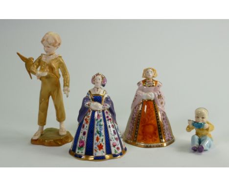 A collection of Royal Worcester figures: comprising The Parakeet (head re-stuck), two lady candle snuffers and small boy figu