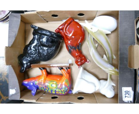 A mixed collection of ceramic animals and figures to include: party piggies, Viennese delight patterned pig, Sylvac cat, flam
