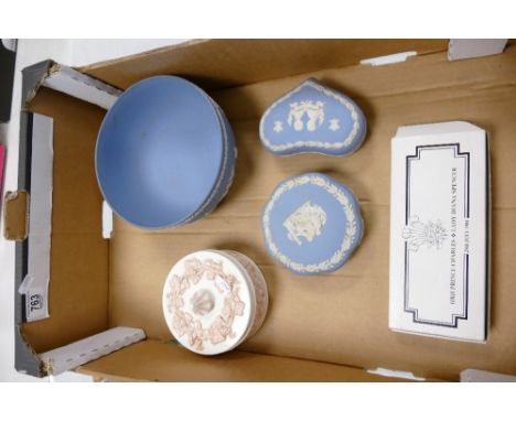 A collection of Wedgwood Jasperware to include: lidded boxes, large fruit bow together with Queens Ware similar item