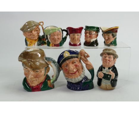 Royal Doulton miniature character jugs: Dick Turpin, Mr Picwick, The Gardener D6638, Cardinal, Sairey Gamp, Old Salt D6554, T
