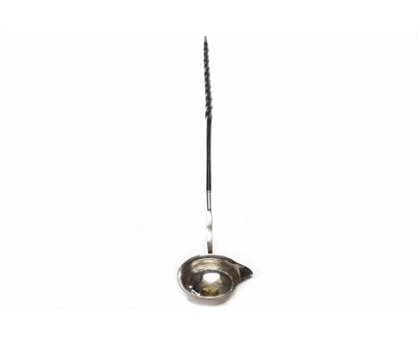 18TH CENTURY SILVER TODDY LADLE SET WITH A GEORGE III 1775 GOLD GUINEAunmarked, single lipped bowl, engraved with period init