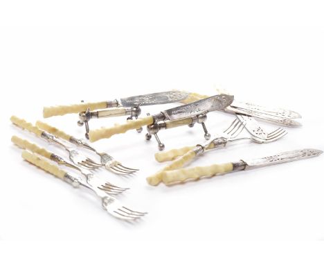 SET OF SIX LATE 19TH CENTURY SILVER PLATED IVORY HANDLES FISH KNIVES AND FORKSmaker Mappin & Webb, each with carved ivory han