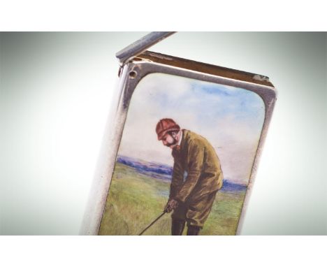 ATTRACTIVE GOLFING INTEREST ENAMELLED SILVER VESTA CASE maker John Millward Banks, Birmingham 1892, enamel scene of a gentlem
