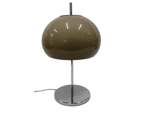 A 1970s table lamp, with shaded brown plastic mushroom shaped and coloured shade, on a chrome plated base, 52cm high.WARNING!
