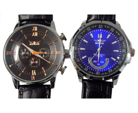 Two Winner automatic gent's wristwatches, comprising one with a blue finished dial, 4cm diameter, on stainless steel back, mo