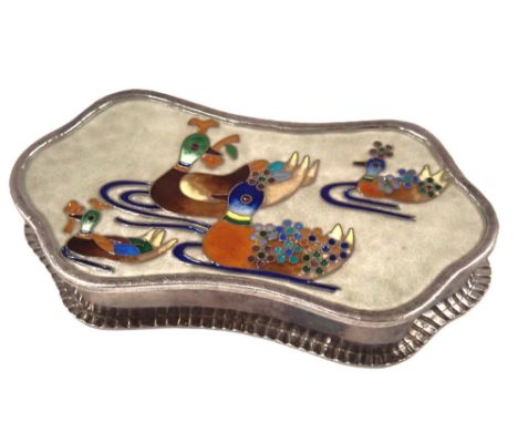 A Chinese enamel trinket box, depicting scenes of ducks on water, the design enamel decorated with reds, blues and greens, on