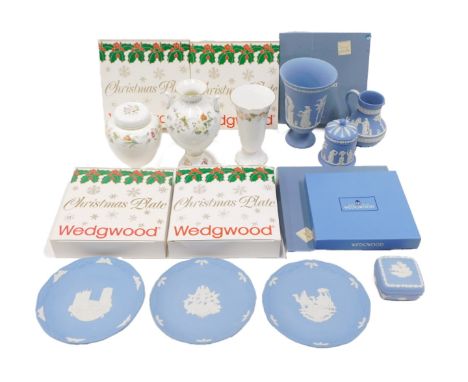 Wedgwood, comprising Wedgwood blue Jasperware, vase, jug, square trinket box and cover, and domed and lidded jar, Wedgwood Mi