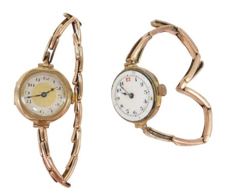 Two wristwatches, comprising a 9ct gold cased lady's wristwatch, with silvered numeric dial, on an expanding yellow metal str