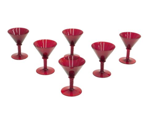 A set of six ruby tinted Art Deco shaped martini glasses, each with a twisted stem, 10cm high.