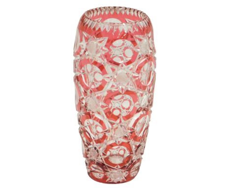 A ruby flash bullet shaped glass vase, in the manner of Val Saint Lambert, 27cm high.