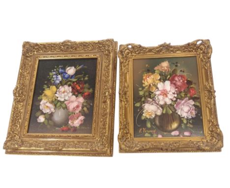 R Rosini. Still life of flowers, oil on canvas, 24cm x 19cm, and another similar signed B Veromesi, 23cm x 19cm.