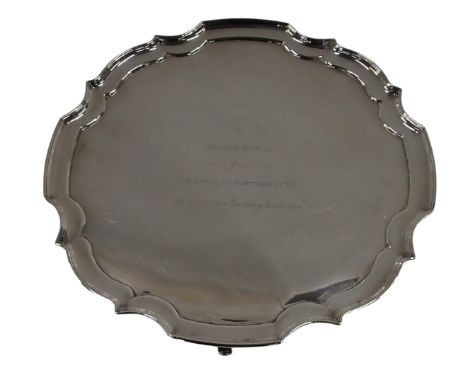 A silver plated salver, awarded to George Birks from Sir Stanley Matthews CBE in appreciation for many years kindness, with a