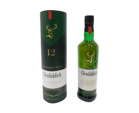 A bottle of Glenfiddich Single Malt Scotch whisky, Aged 12 Years, boxed.