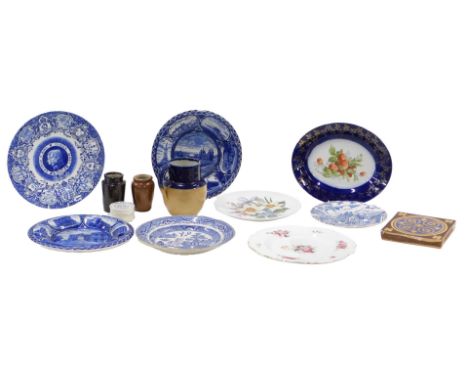 Miscellaneous ceramics, to include a Minton patent Victorian gothic style tile, 15cm wide, blue and white plates, Royal Doult