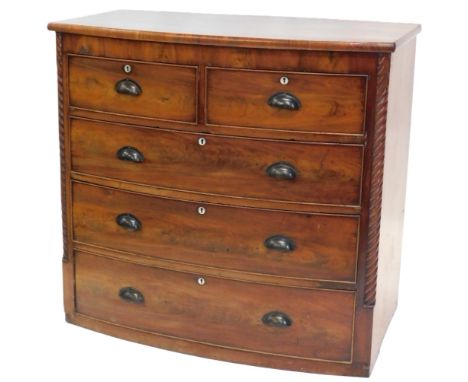 A Victorian mahogany bow fronted chest of drawers, with mother of pearl escutcheons to the two short and three long drawers, 