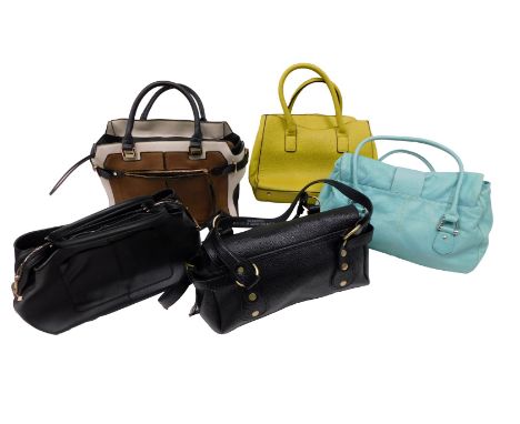 Various lady's fashion bags, comprising blue material bag, two lady's black handbags, lime finish handbag, and two tone. (5)