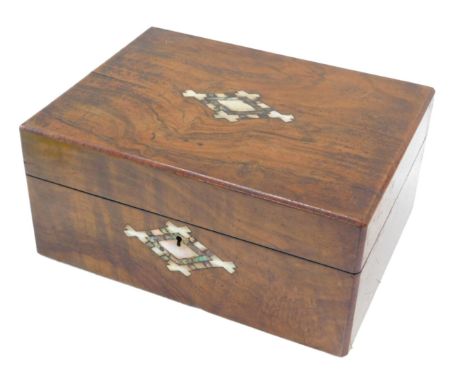 A late Victorian walnut work box, inlaid in mother of pearl with lozenges, the hinged lid enclosing a fitted interior, 30cm w