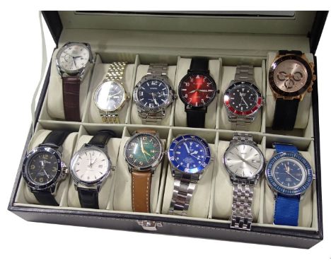 Twelve gentleman's fashion watches, to include North, replica Seiko, Certina, Hamilton, Bell and Ross, and others, in black l