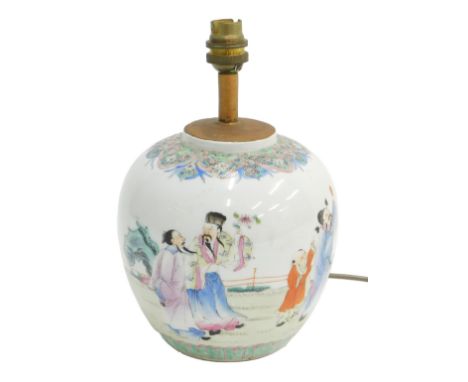 An early 20thC Chinese porcelain ginger jar, converted to a table lamp.