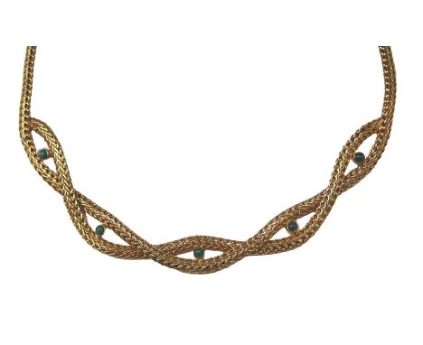 A 9ct gold necklace, of petalated two row design, set with five turquoise, 36cm long, 20g all in.