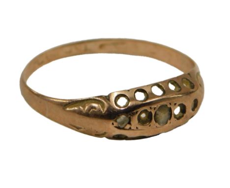 A rose gold five stone set dress ring, some stones missing, hallmarks rubbed, believed to be 9ct, ring size P½, 1.3g all in.