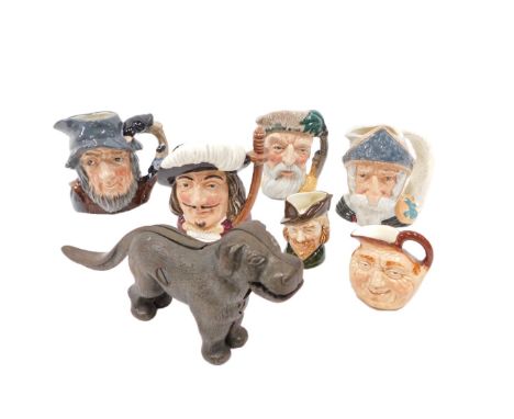Royal Doulton and other character jugs, comprising Don Quixote, Rip Van Winkle, Porthos, Robinson Crusoe, and two miniatures,
