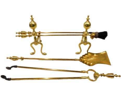 19thC brasswares, comprising a pair of fire dogs, fire side implements to include brush, shovel and poker. (a quantity)