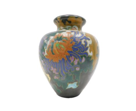 A large Dutch Amphora vase, decorated in blue, green, yellow, orange, etc., with flowers and leaves, on a black ground, 31cm 