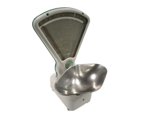 A set of Avery vintage scales, on white and green finish with stainless steel bowl, 61cm high.