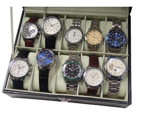 Ten replica gent's fashion watches, replica brands, Zenith, Mido, and others, in black leatherette watch case.