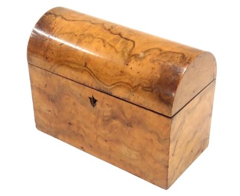 A 19thC walnut tea caddy, with domed top, lacking interior and key plate, 20cm high, 22cm wide, 11cm deep.