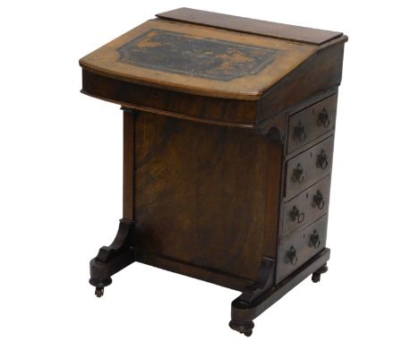 A Victorian walnut and marquetry Davenport, the top with a black tooled leather insert enclosing an interior, lacking fitting