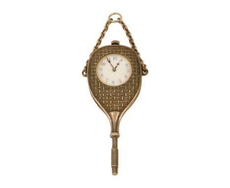 A novelty silver fob watch, modelled in the form of a tennis racket, the white enamel dial with blue numerals, stamped N.E St