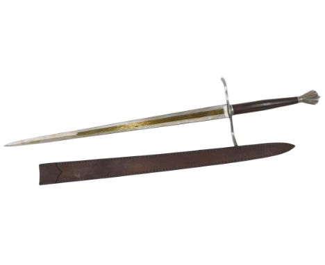 An ancient warrior replica sword, with moulded steel crown top, wooden handle and leather scabbard, 123cm long.