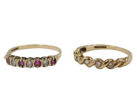 Two dress rings, comprising a 9ct gold twist ring set with tiny diamonds, ring size R½, 9ct gold, CZ and garnet set half hoop
