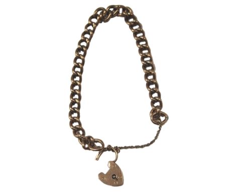 A 9ct gold gate bracelet, the curb link bracelet with safety chain and heart shaped padlock, 16cm long, 8g.