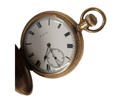 A 20thC Elgin gold plated full hunter pocket watch, with white enamel Roman numeric dial with blue hands and seconds dial, be