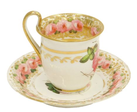 A 19thC Coalport Felspar porcelain cup and saucer, decorated with roses and leaves, printed mark in red to underside of sauce