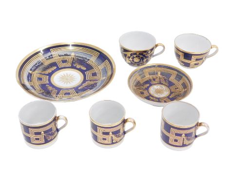 A 19thC porcelain part tea and coffee service, each piece decorated with oak leaves, in gilt, on a cobalt blue ground. (7)&nb