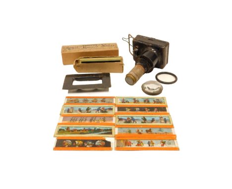 A group of Magic Lantern Primus slides, various topographical landscapes, and a miniature lantern. (1 box)