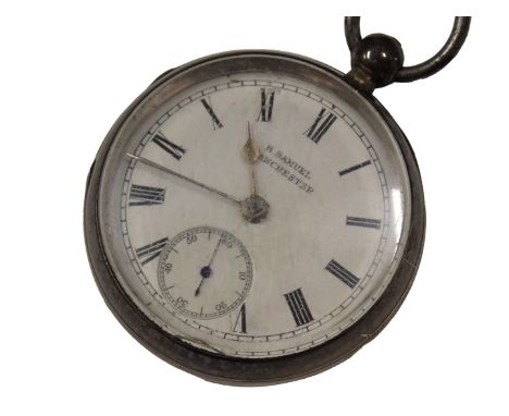 A Victorian silver pocket watch, with white enamel Roman numeric dial stamped H Samuel Manchester, with seconds dial and blue