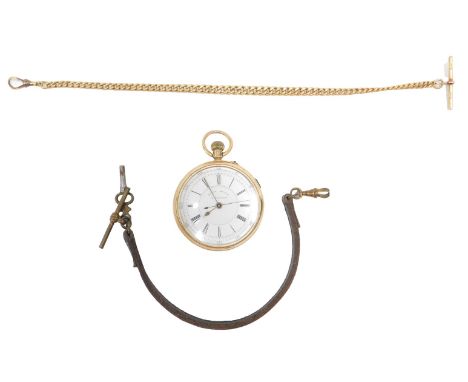 An 18ct gold 19thC pocket watch and chain, the centre second chronograph white enamel dial with Roman numerals, and blue seco