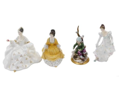 Three Doulton porcelain figurines, Coralie, My Love, and Minuet, and a capodimonte figure of a seated boy on a gilt base. (AF