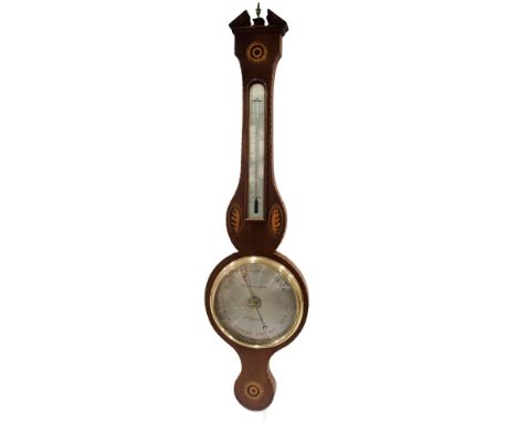 An Edwardian mahogany and marquetry banjo barometer, the circular silvered dial for Moretti and Abatte, with mercury measure,