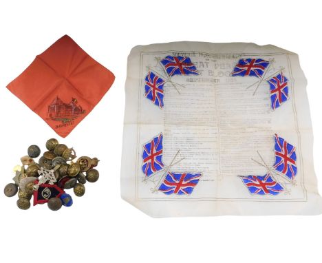 Various military buttons, a 1938 silver napkin memorandum, napkins, enamel badges, etc. (a quantity)