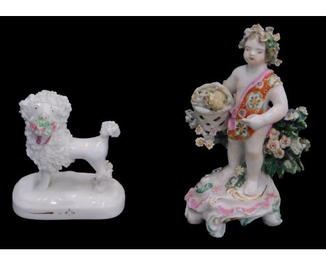 A late 18th/early 19thC Derby porcelain bocage figure of a putto, with floral sash, on a rococo scroll base, 13cm high, (AF),