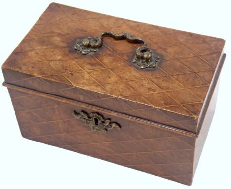 A 19thC boxwood inlaid tea caddy, with brass swing handle and lock plate, with partially fitted interior, chequered design, 1