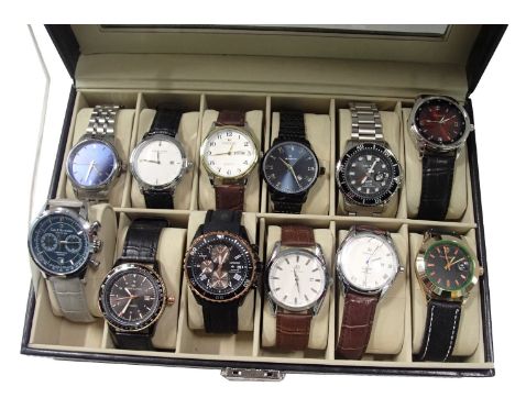 Twelve gentleman's fashion watches, to include Mido, Hamilton, Citizen, replica Seiko, and others, in black leatherette watch